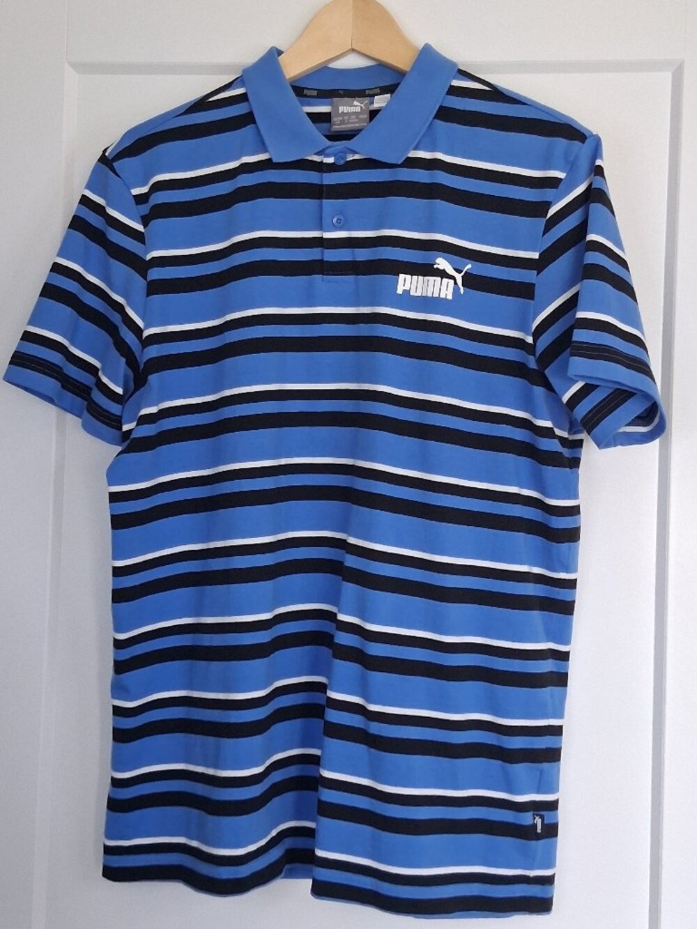 Puma Polo Shirt Mens Large Blue Black Striped Golf Performance Short Sleeve